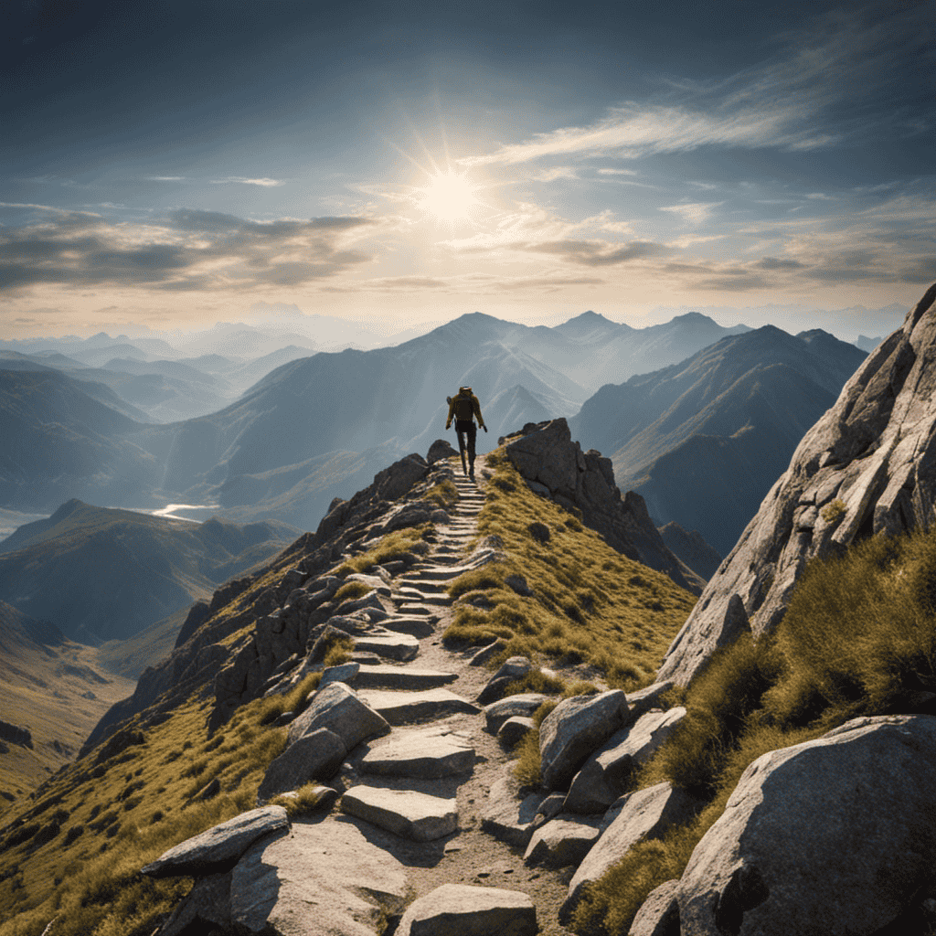 An image of a person hiking up a mountain, with a clear path and milestones along the way, symbolizing personal growth