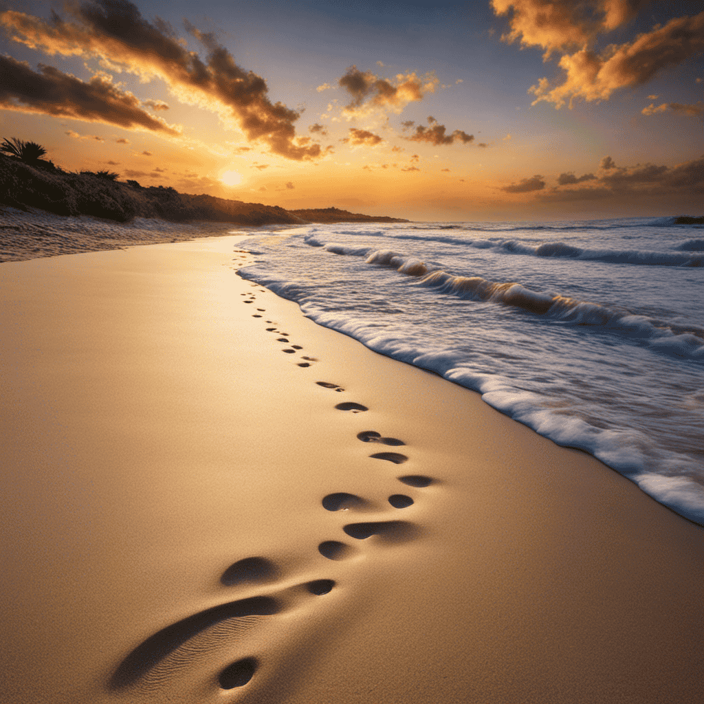 An image depicting a serene beach with footprints leading towards a distant sunset