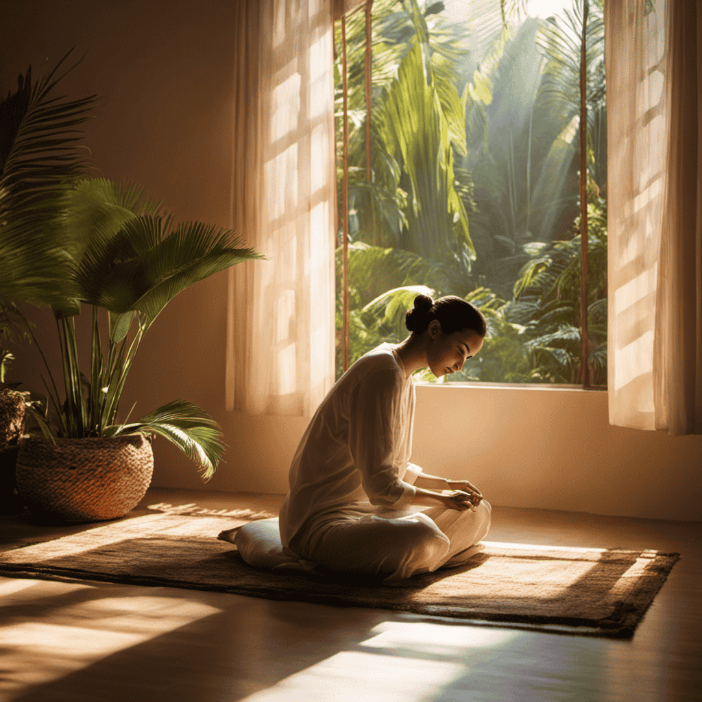 An image of a serene, sunlit room with a person seated on a cushion, eyes closed, palms resting gently on their knees