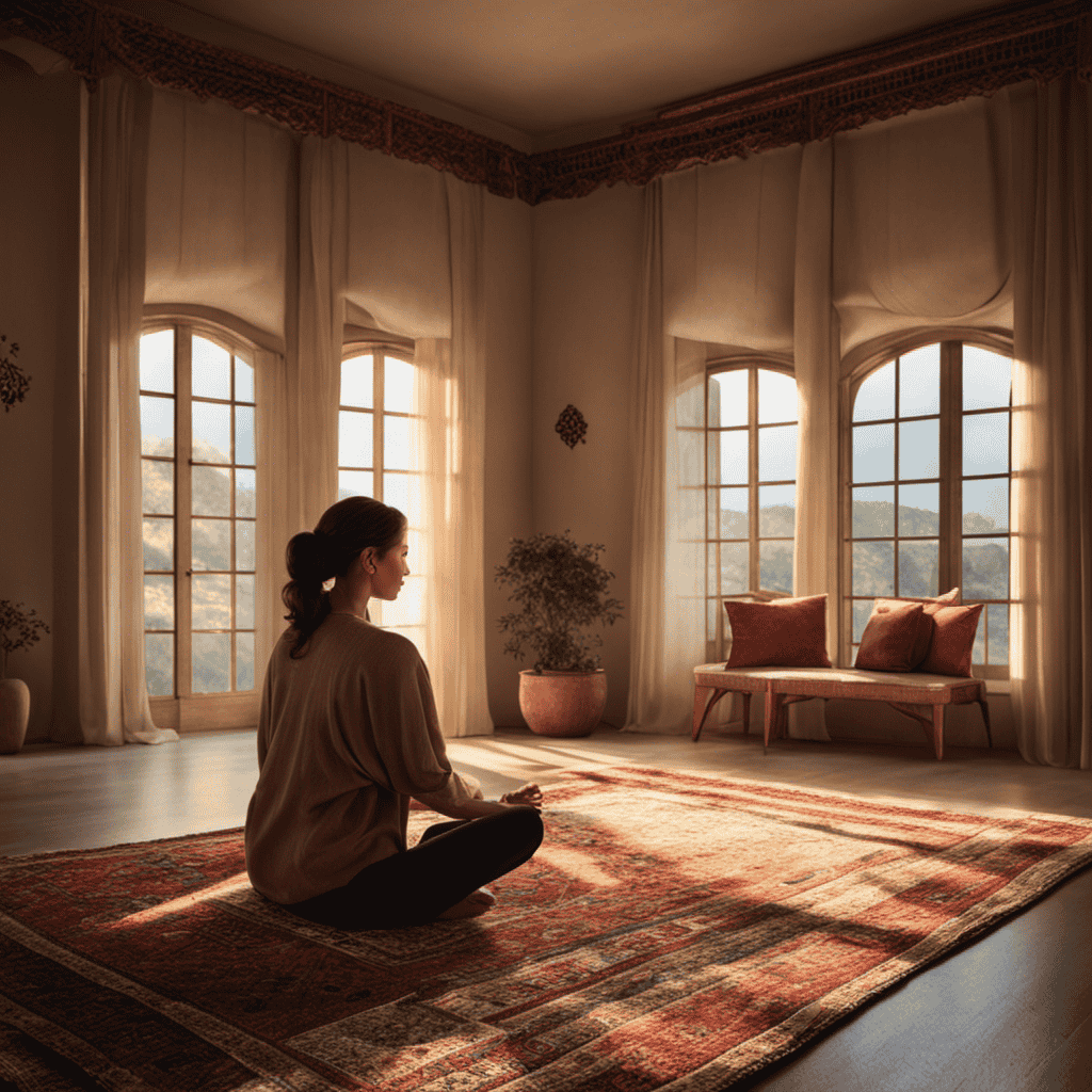 An image of a serene, softly lit room with a comfortable cushion placed on a woven rug