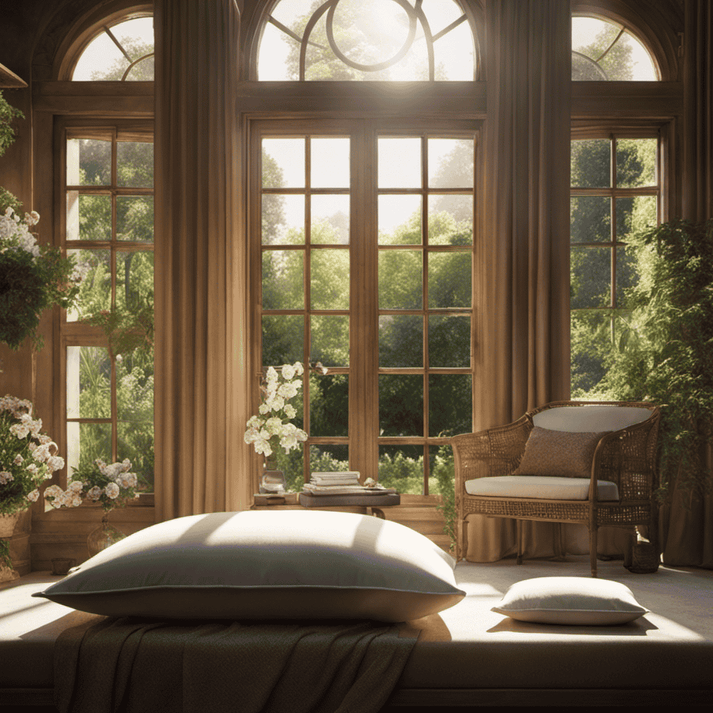 An image of a serene bedroom, softly lit by morning sunlight, with a comfortable meditation cushion placed near an open window overlooking a peaceful garden