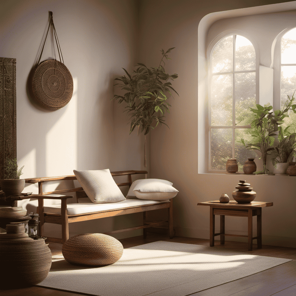  Create an image showcasing a serene, sunlit room with a variety of meditation props such as cushions, incense, and a meditation bench