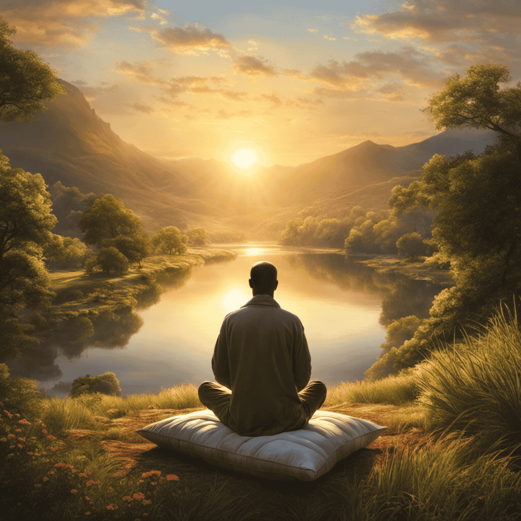 An image showcasing a serene landscape with a person sitting cross-legged on a cushion, eyes closed, hands resting on their knees, surrounded by gentle rays of sunlight, conveying a sense of peace and tranquility