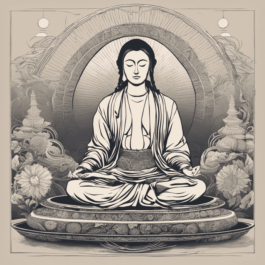 An image of a serene meditation setting, with a meditator sitting cross-legged on a cushion, eyes closed, surrounded by floating distractions like thoughts, gadgets, and restlessness, while the meditator remains focused and undisturbed