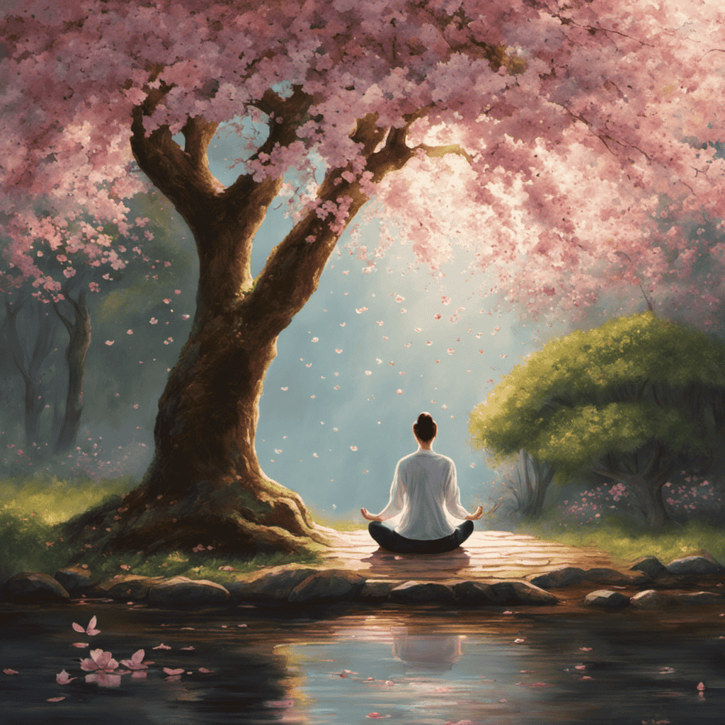  the essence of meditation for beginners with an image that portrays a serene setting - a tranquil garden with a blossoming cherry tree, where a person sits cross-legged, eyes closed, surrounded by floating petals, while their mind finds stillness amidst the gentle rustling of leaves