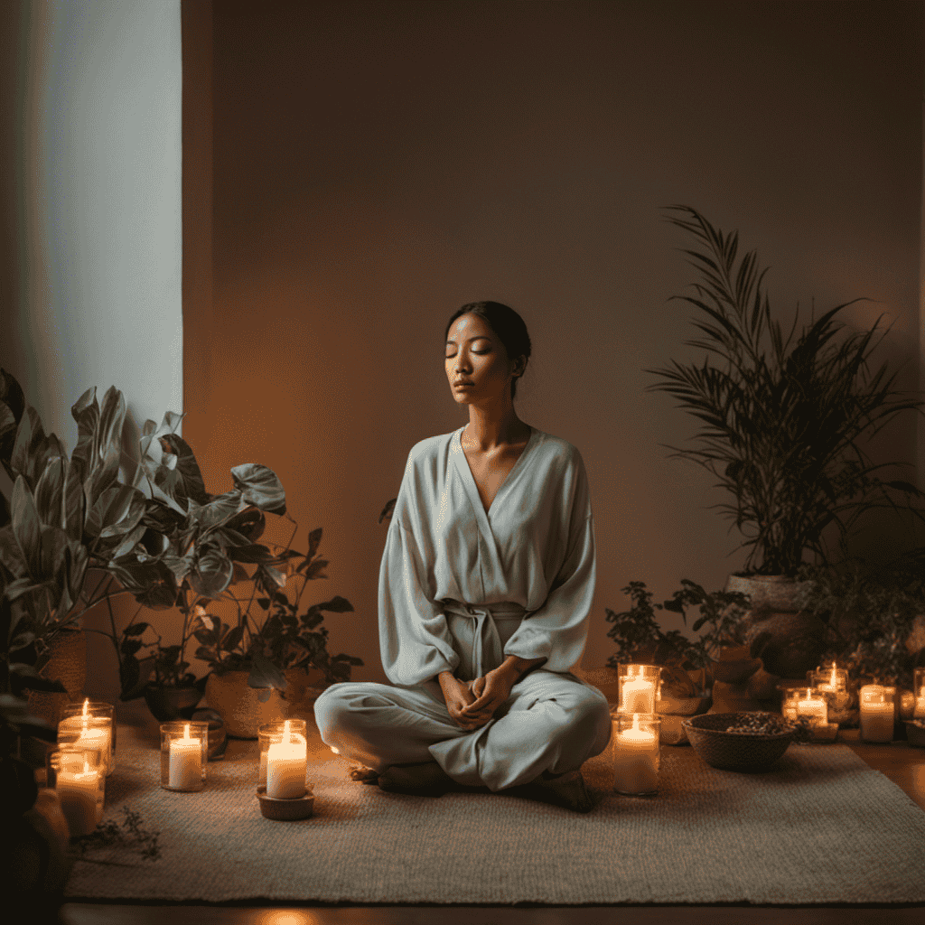 E image of a person sitting cross-legged on a cushion in a softly lit room, with their eyes closed, hands resting on their knees, surrounded by calming elements like plants, a candle, and a tranquil color palette