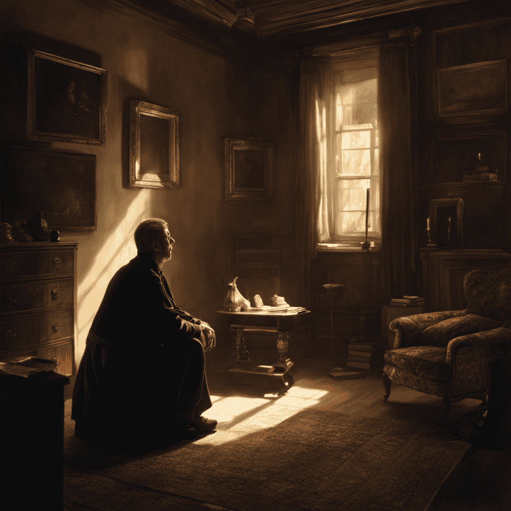 An image of a person sitting in a dimly lit room, surrounded by shadowy figures