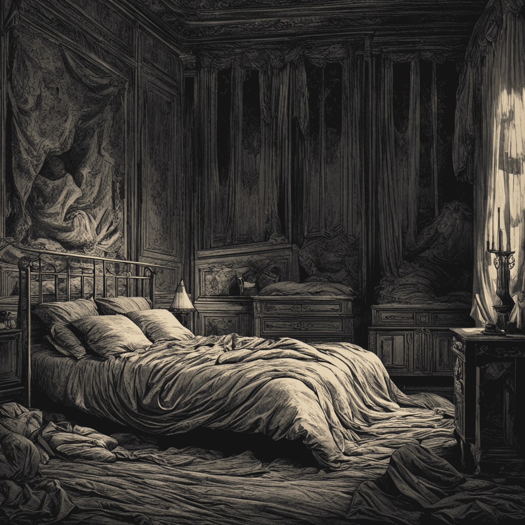 An image of a person sleeping in a dimly lit room, with distressed facial expressions and twisted bed sheets, while shadowy figures loom in the background, representing the unseen psychological factors triggering nightmares and night terrors