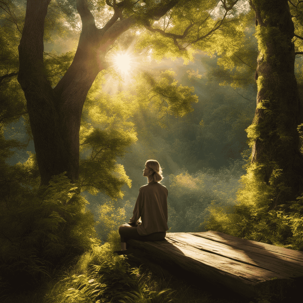 An image showcasing a person sitting in a serene environment, eyes closed, taking a deep breath in