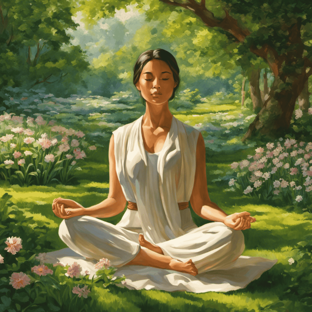 An image capturing a serene scene of a person meditating in a lush green park, surrounded by blooming flowers and gentle sunlight, evoking a sense of tranquility and inner peace