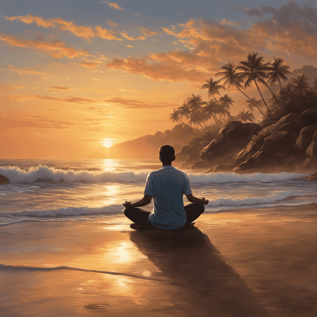 An image of a person sitting on a peaceful beach, practicing deep breathing exercises with closed eyes