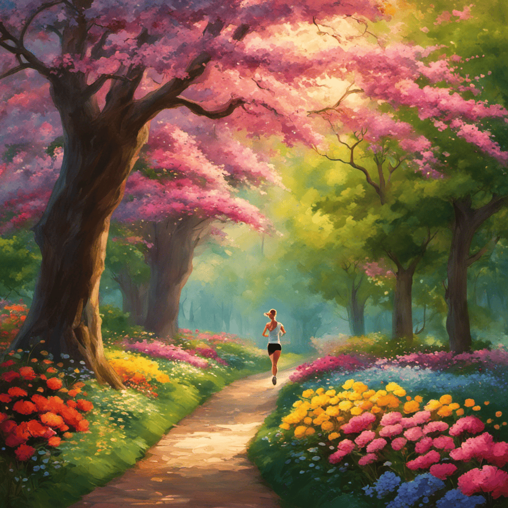 An image showcasing a serene, lush park setting, with a person jogging on a winding path, surrounded by vibrant, blooming flowers and towering trees, symbolizing the powerful role of exercise in stress management