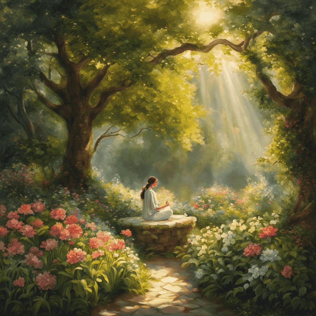 An image that depicts a serene garden with a person sitting cross-legged on a cushion, eyes closed, practicing meditation