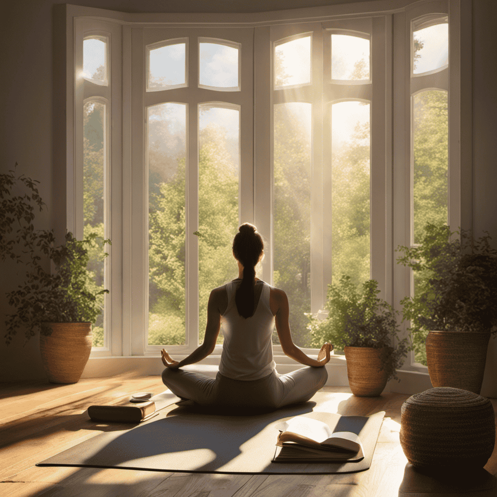 An image depicting a serene morning routine: a person meditating on a yoga mat, rays of soft sunlight streaming through a window, a cup of herbal tea nearby, and a journal for reflection