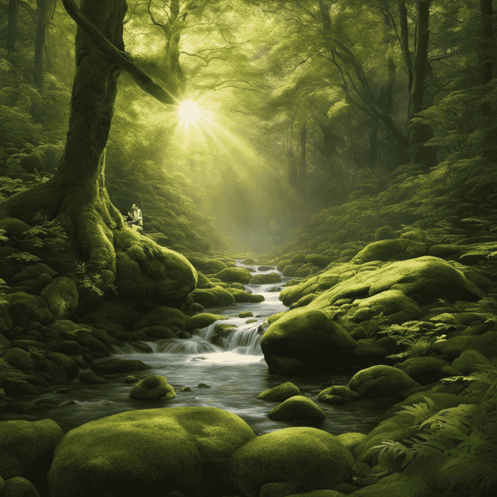 An image showcasing a serene forest scene with a winding river, dappled sunlight filtering through the trees