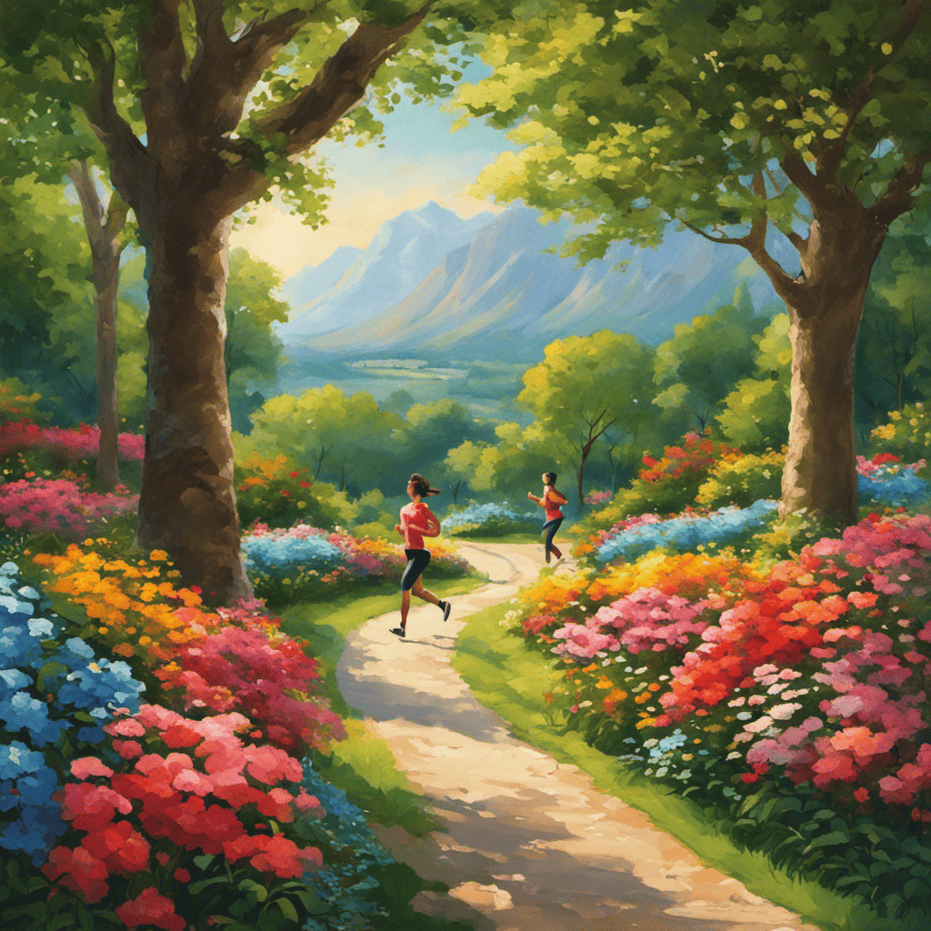 An image showcasing a serene, lush park setting, with a person jogging on a winding path, surrounded by vibrant, blooming flowers and towering trees, symbolizing the powerful role of exercise in stress management