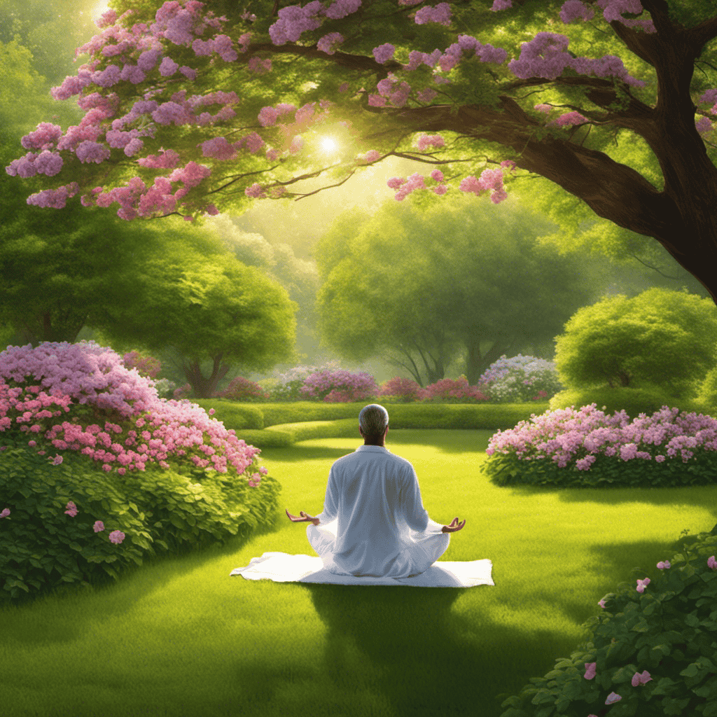 An image capturing a serene scene of a person meditating in a lush green park, surrounded by blooming flowers and gentle sunlight, evoking a sense of tranquility and inner peace