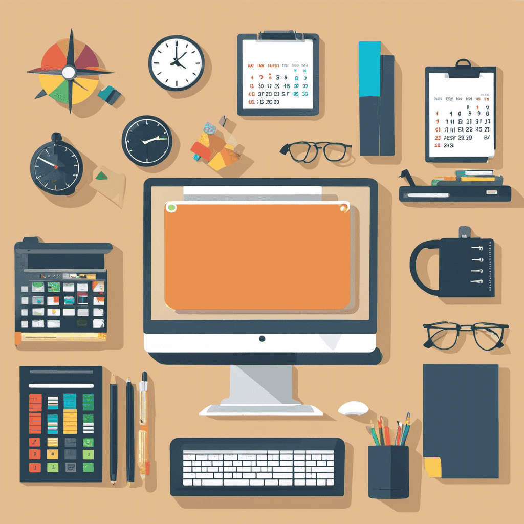 An image depicting a serene workspace with a neatly organized desk, a calendar with color-coded tasks, a timer set to maximize productivity, and a wall clock symbolizing efficient time management