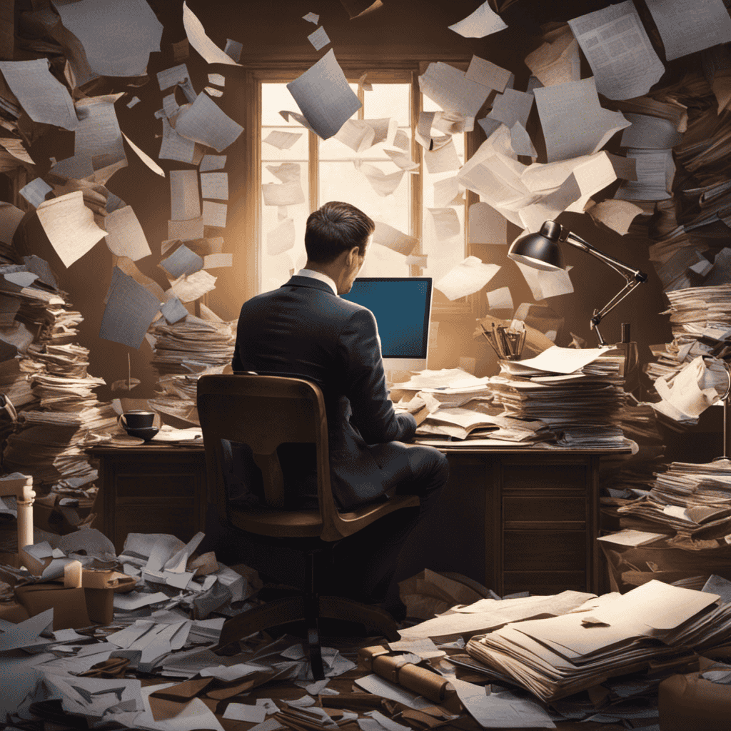 An image that captures the essence of identifying stress triggers: a person sitting at a cluttered desk, surrounded by unfinished tasks, with a furrowed brow and a pile of crumpled papers