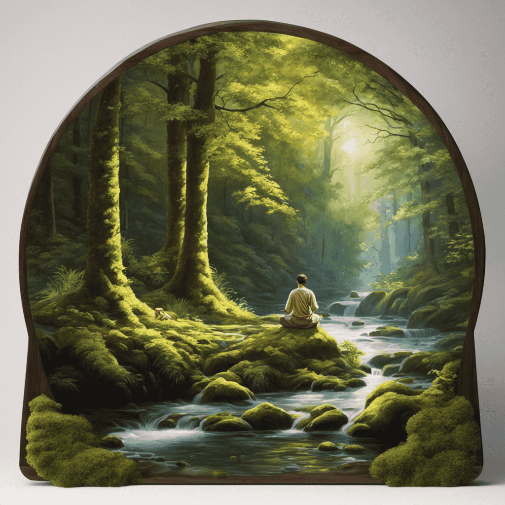 An image showcasing a serene forest scene with a winding river, dappled sunlight filtering through the trees