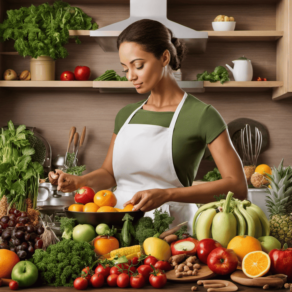 An image depicting a serene kitchen scene with an array of colorful fruits, vegetables, and whole grains, complemented by fresh herbs and spices