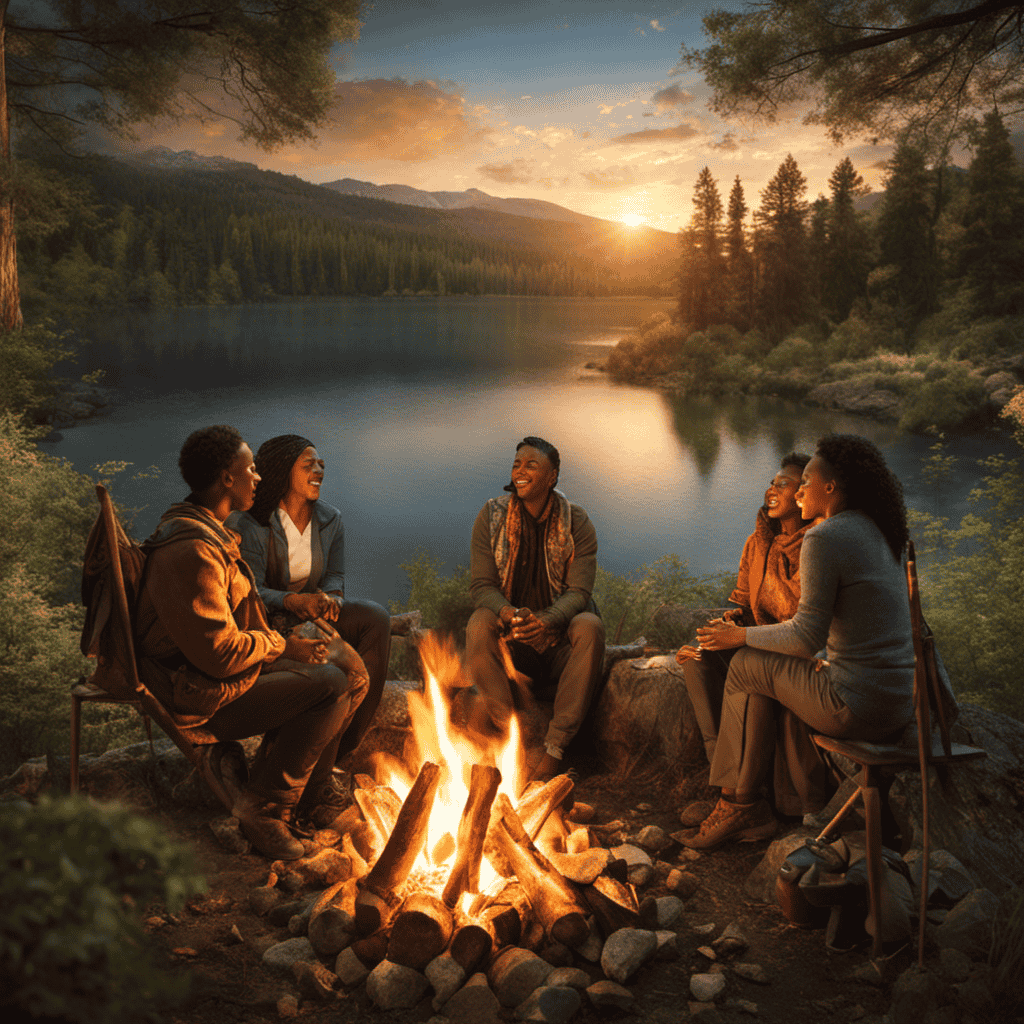 An image showcasing a close-knit group of diverse individuals engaged in a lively conversation over a warm campfire, surrounded by comforting nature, emphasizing the importance of fostering a supportive social network for effective stress management