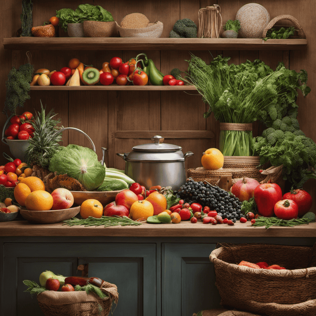 An image depicting a serene kitchen scene with an array of colorful fruits, vegetables, and whole grains, complemented by fresh herbs and spices