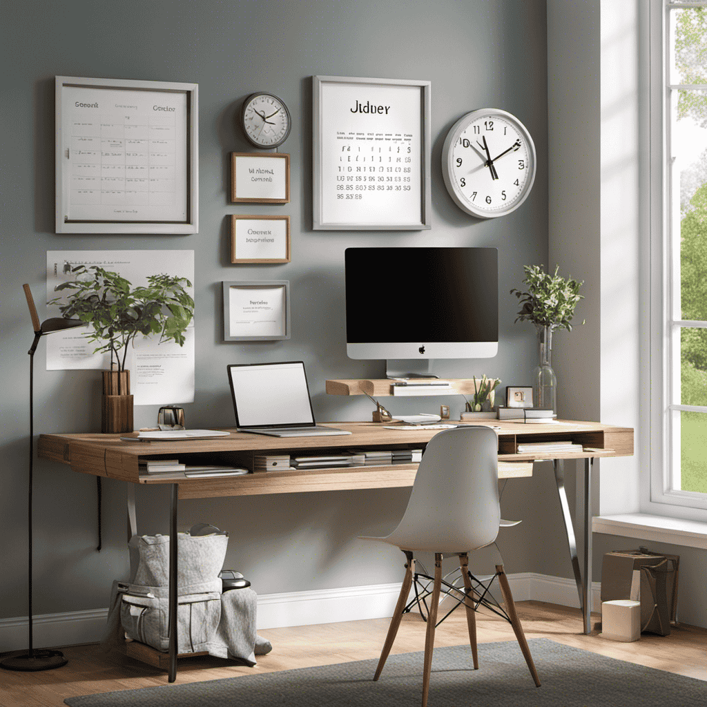 An image depicting a serene workspace with a neatly organized desk, a calendar with color-coded tasks, a timer set to maximize productivity, and a wall clock symbolizing efficient time management