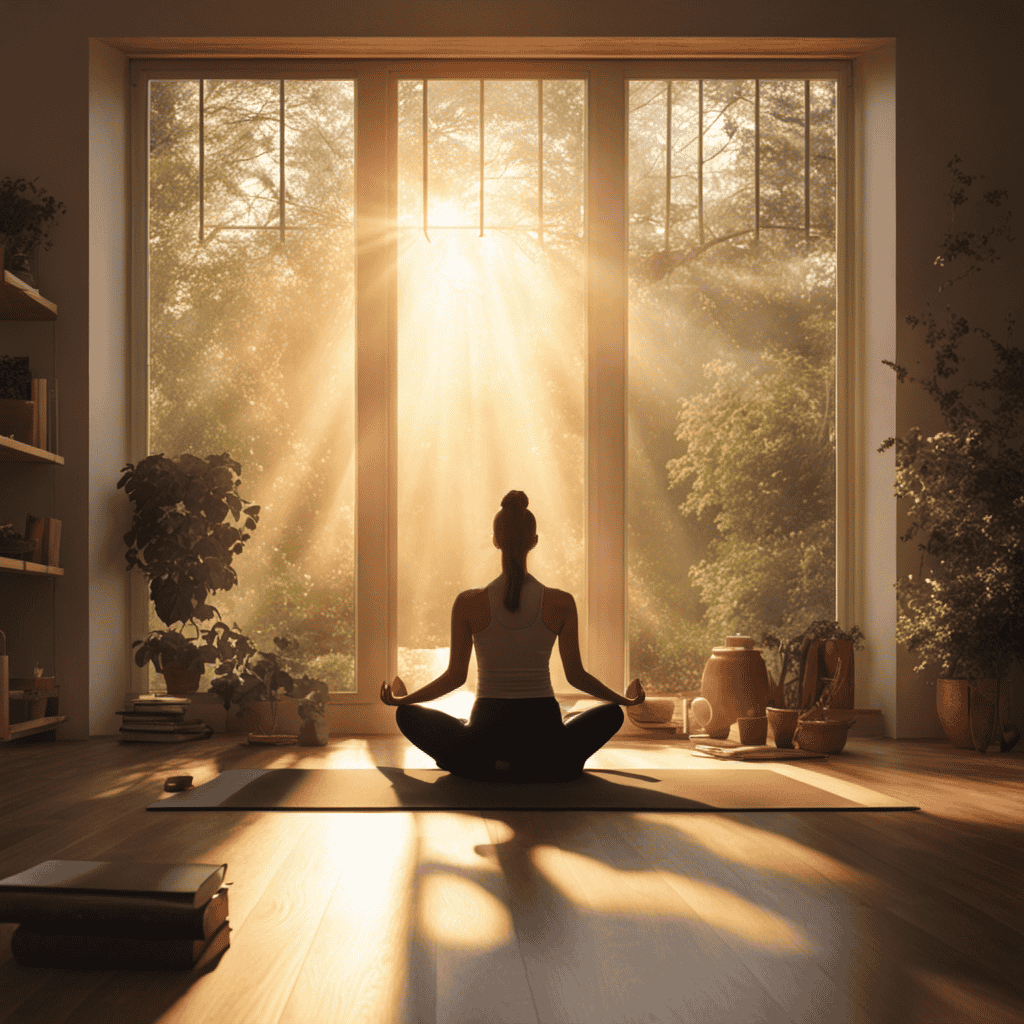 An image depicting a serene morning routine: a person meditating on a yoga mat, rays of soft sunlight streaming through a window, a cup of herbal tea nearby, and a journal for reflection