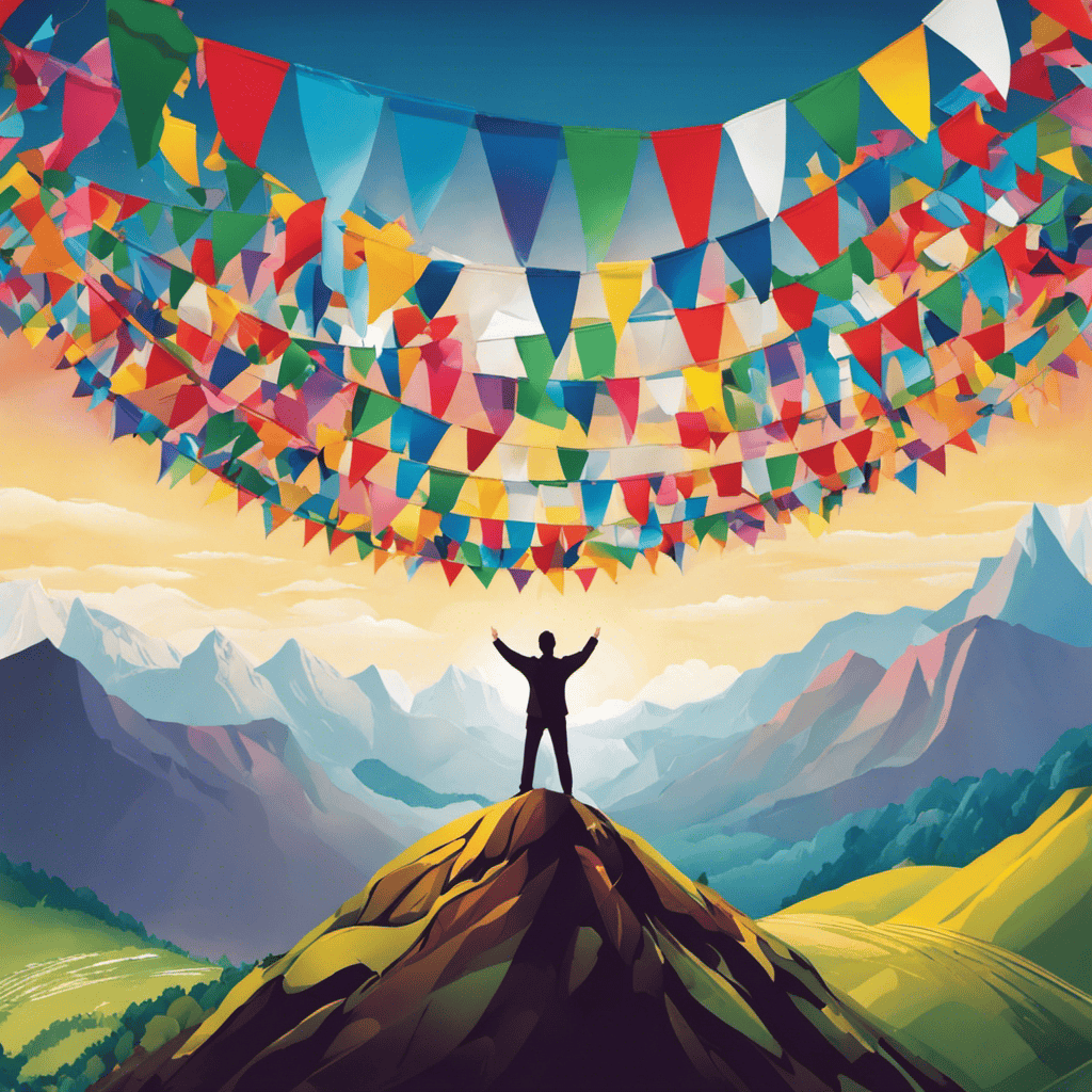An image of a person standing on a mountaintop, arms raised in triumph, with a path leading from the base of the mountain, filled with colorful flags marking milestones achieved, symbolizing the joy of celebrating personal development accomplishments