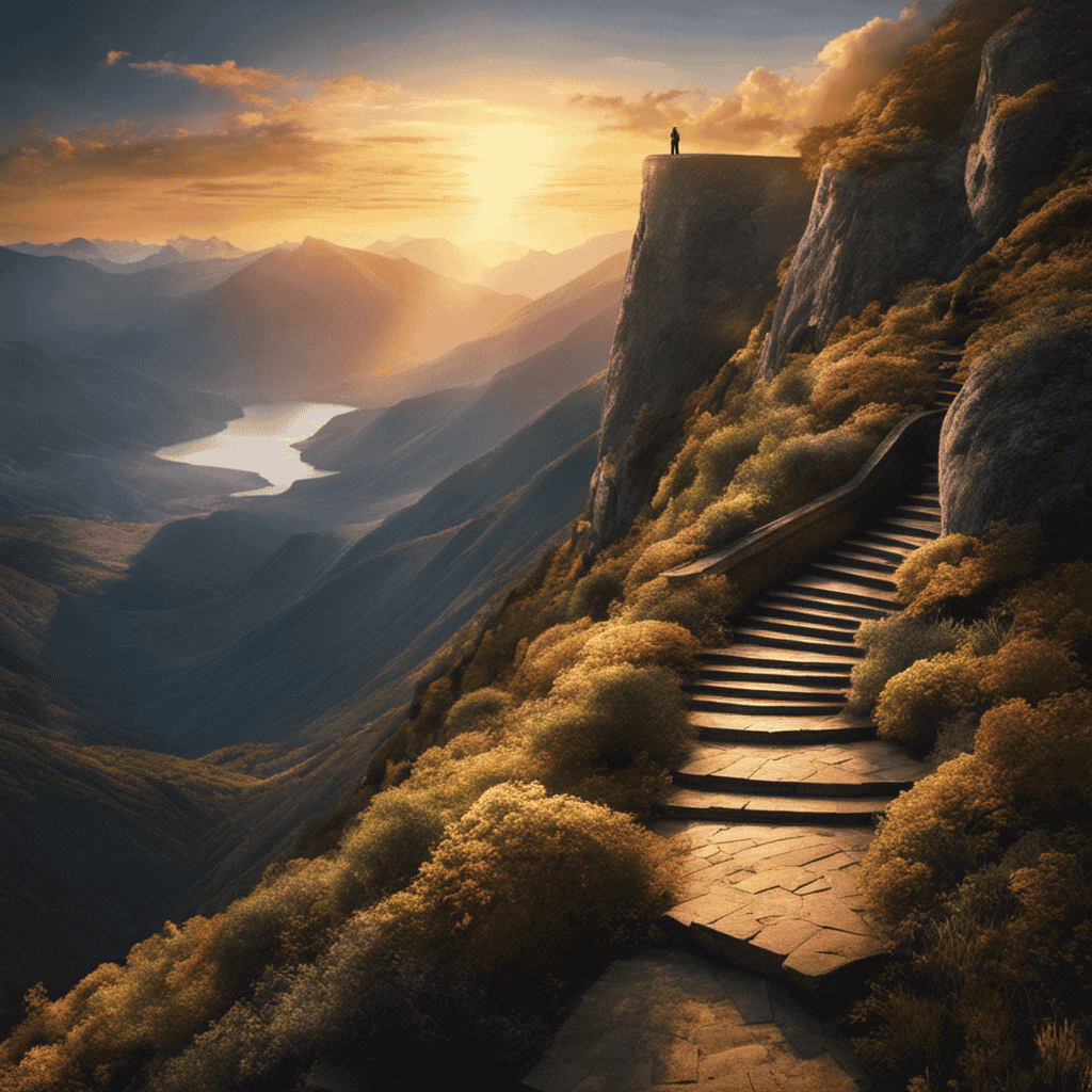 An image of a person standing at the edge of a vast, winding staircase, gazing towards a radiant, distant peak