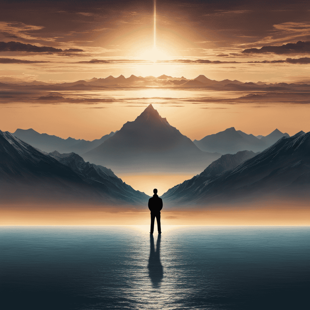 An image depicting a person standing at the edge of a vast ocean, gazing towards a distant horizon where a mountain peak rises majestically
