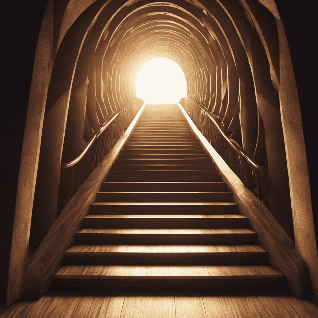 An image portraying a staircase leading upwards towards a glowing light, each step representing an actionable step towards personal development goals
