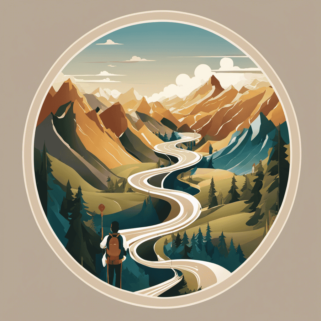 An image of a winding mountain path, with a person at the start holding a map and a compass