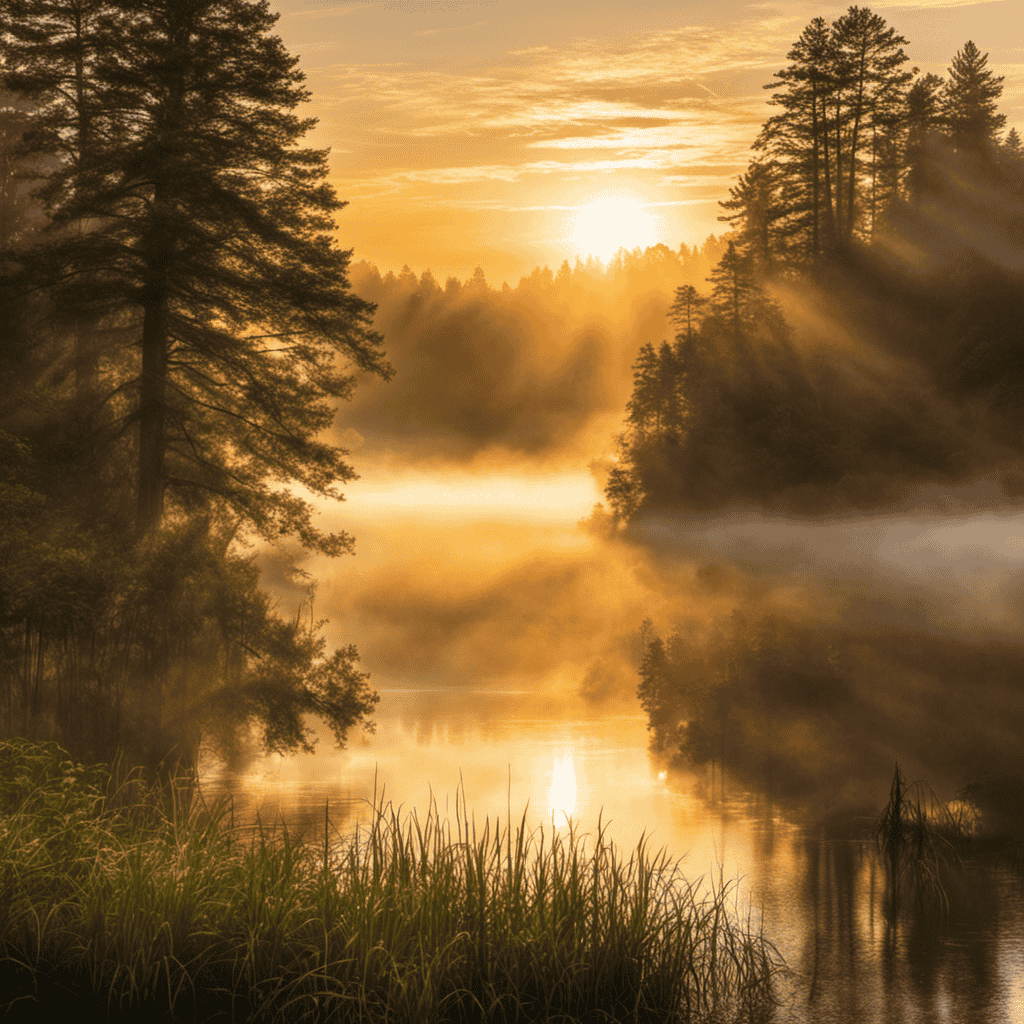An image capturing a serene sunrise over a mist-covered lake, surrounded by towering trees