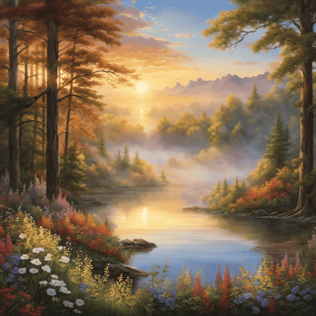 An image capturing the ethereal sunrise over a serene, mist-covered lake, surrounded by vibrant wildflowers and towering trees
