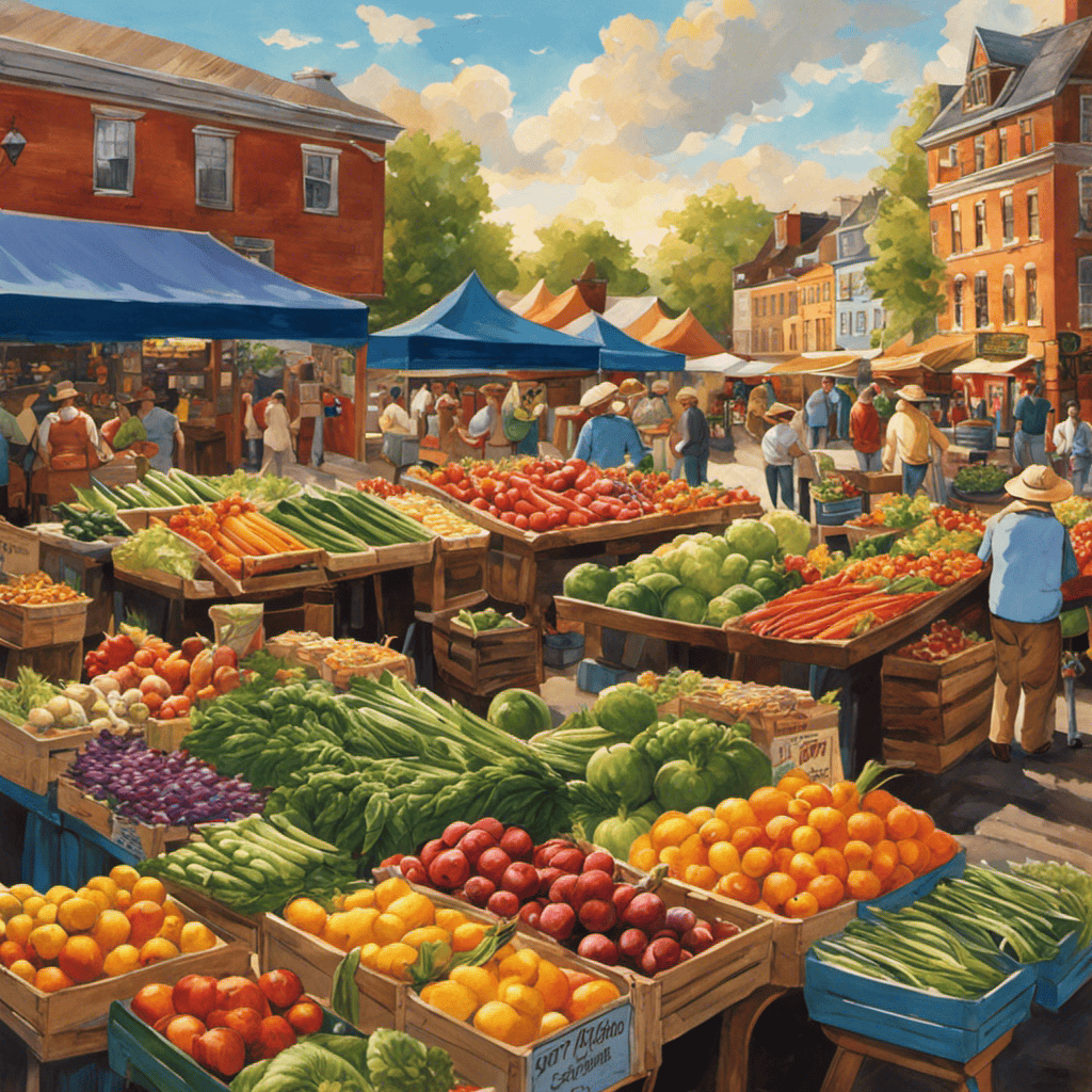 An image capturing the vibrant colors of a bustling farmer's market, with stalls brimming with fresh produce, flowers, and artisanal goods