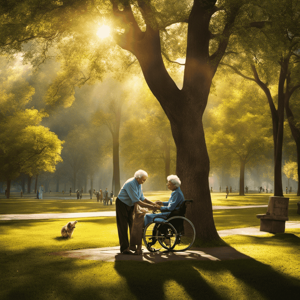 An image capturing a serene park scene with a compassionate stranger offering a helping hand to an elderly person