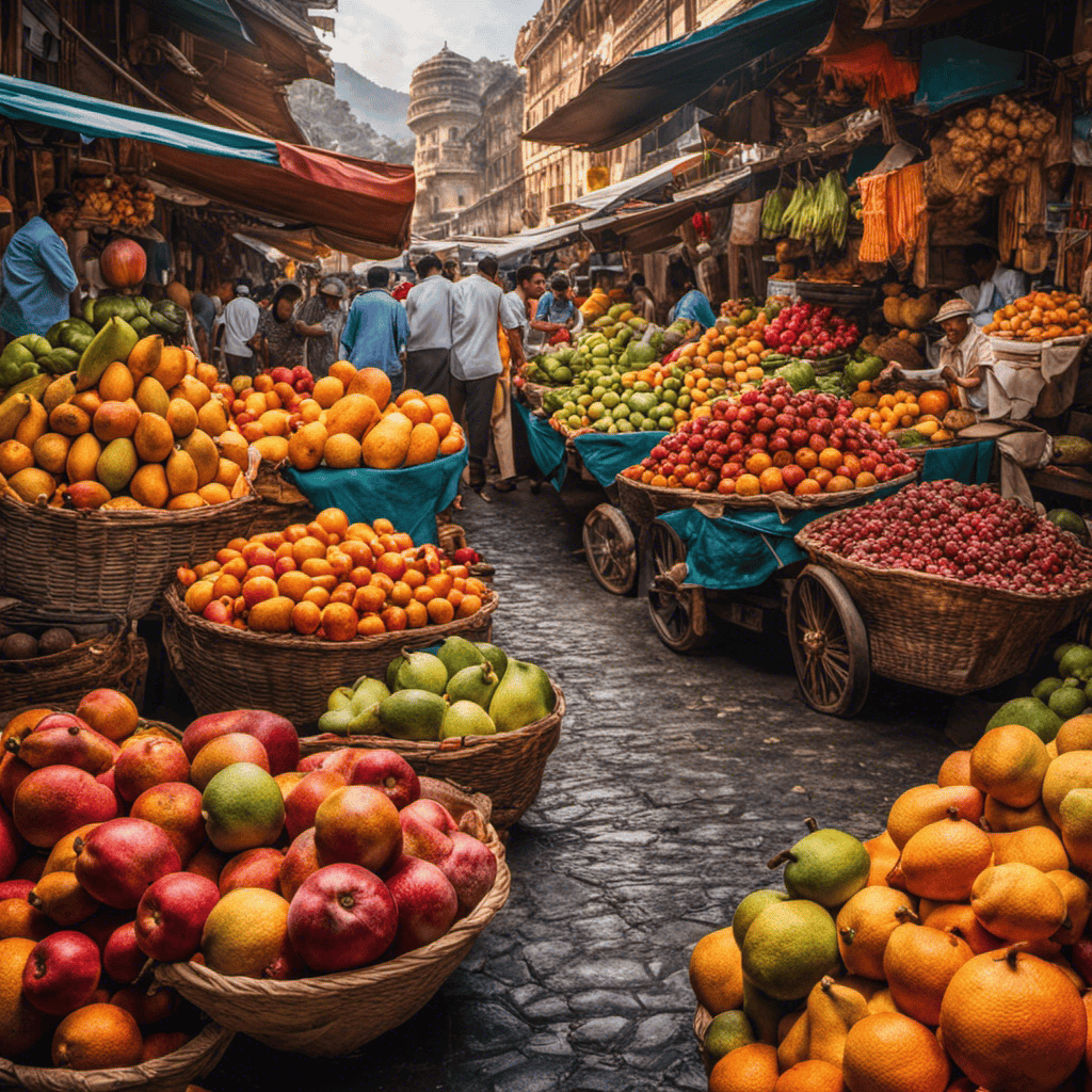 An image capturing the vibrant colors of a bustling local market, with exotic fruits piled high, vendors engaging with customers, and a backdrop of architectural wonders, evoking the inspiration found in travel and new experiences