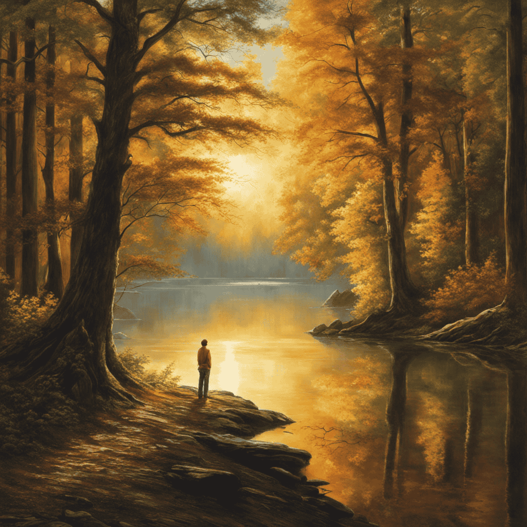 An image capturing a sun-kissed forest clearing, where a solitary figure peacefully gazes into a crystal-clear lake