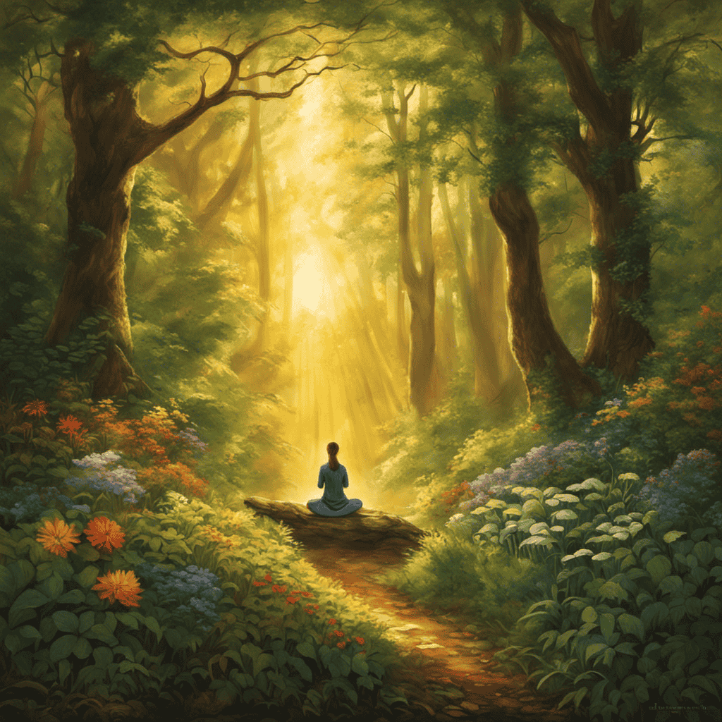 An image of a serene, sun-drenched forest clearing with a solitary figure meditating, surrounded by vibrant flora and fauna