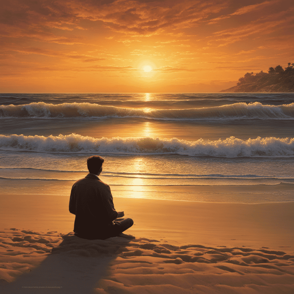 An image of a serene beach at sunset, with a lone figure sitting cross-legged on the sand, their face radiant with gratitude as they watch the glowing sun sink below the horizon