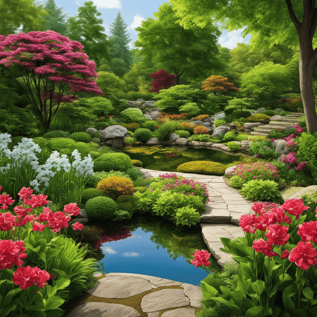 An image capturing a serene garden with a picturesque stone pathway leading towards a tranquil pond