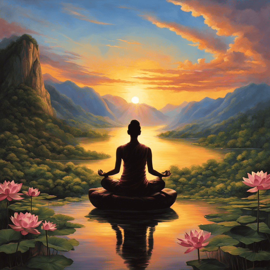 An image depicting a serene mountainside sunset, with a solitary figure in a lotus position, surrounded by a gentle aura of light, radiating tranquility and inner peace through their focused meditation practice
