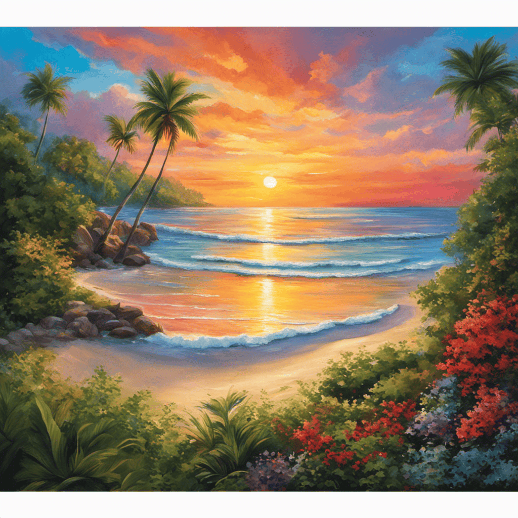 An image of a serene sunset beach, where a person meditates under a vibrant sky, surrounded by lush greenery