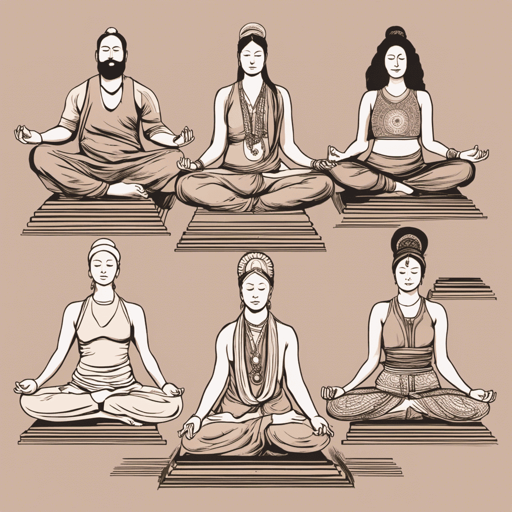 A captivating image showcasing four yoga practitioners in various poses, each representing a different style (Hatha, Vinyasa, Ashtanga, and Kundalini)