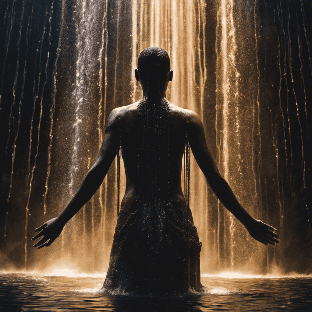 An image showcasing an individual standing under a serene waterfall, their face tilted upwards, surrounded by radiant droplets of water gently cascading down, symbolizing the refreshing daily practice of aura cleansing