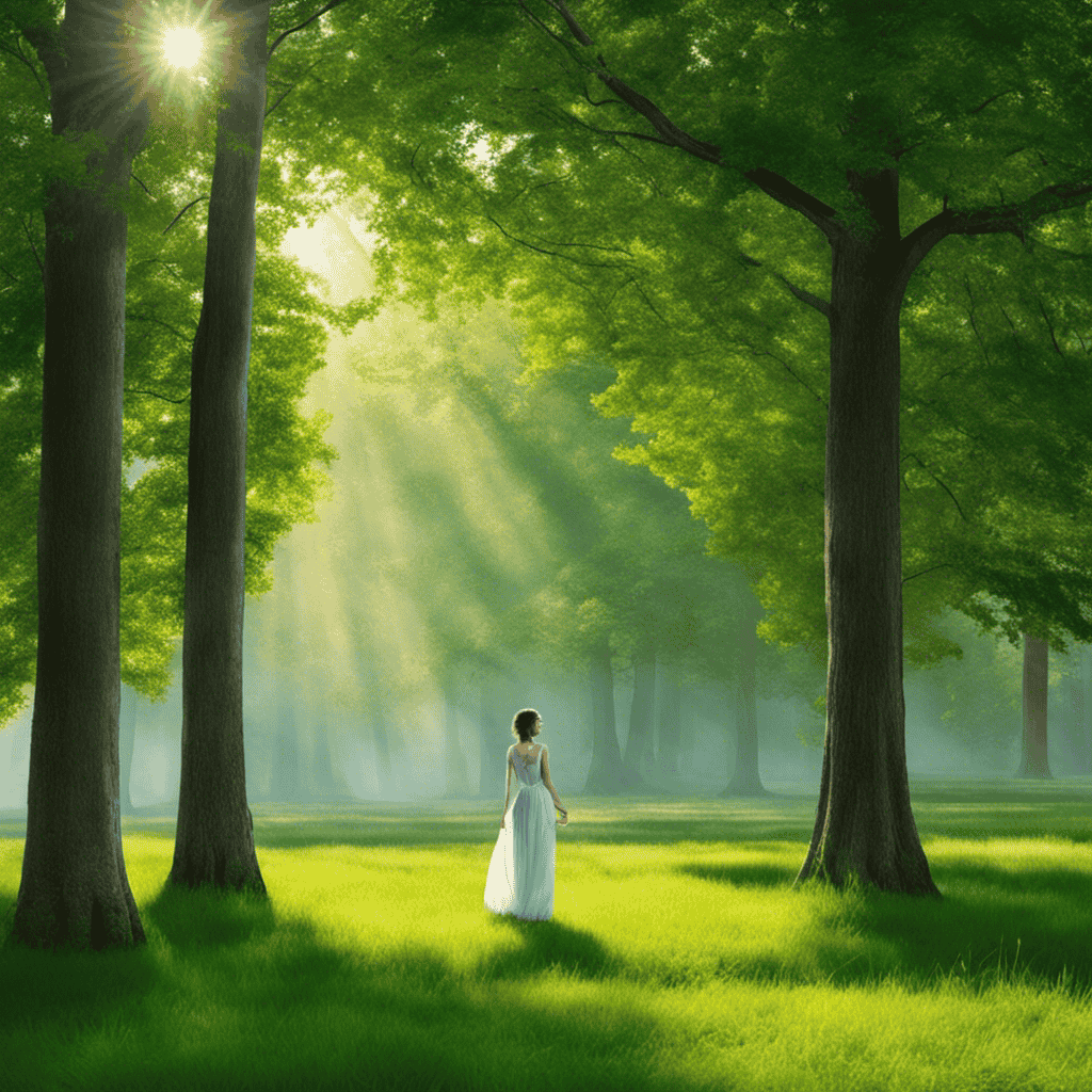 An image of a person standing barefoot on lush green grass, surrounded by tall trees that filter sunlight onto their serene face