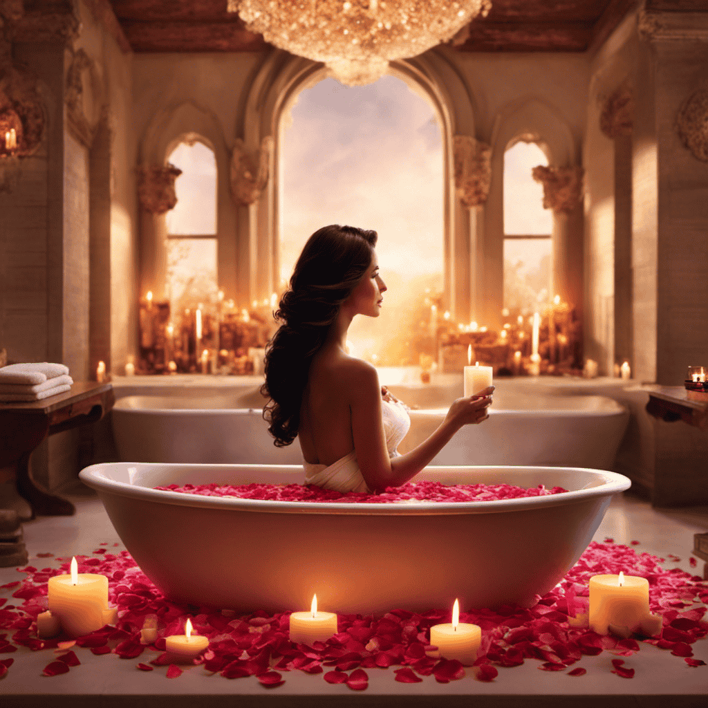 An image showing a serene bathroom adorned with flickering candles, rose petals floating in a warm bath, and a person immersed, surrounded by a vibrant aura, as they indulge in a sacred bath for aura cleansing