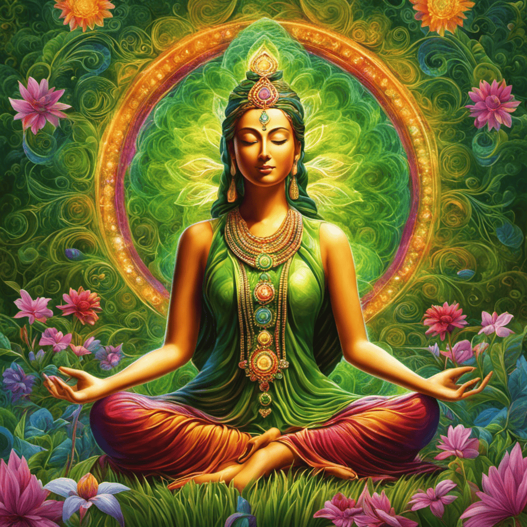 An image of a serene figure meditating in a lush green meadow, surrounded by vibrant, swirling colors representing each chakra